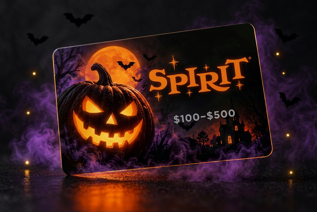 Spirit Halloween promotional card with a glowing jack-o’-lantern and $100–$500 offer